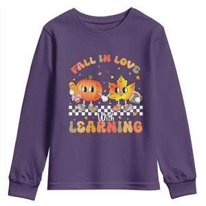 Autumn Teacher Youth Sweatshirt Retro Fall In Love With Learning Thanksgiving Pumpkin TS10 Purple Print Your Wear
