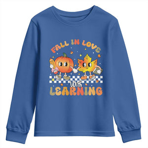 Autumn Teacher Youth Sweatshirt Retro Fall In Love With Learning Thanksgiving Pumpkin TS10 Royal Blue Print Your Wear