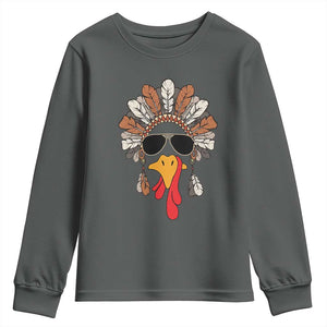 Funny Turkey Face Youth Sweatshirt Family Matching Native Hat Cute Fall Thanksgiving TS10 Dark Heather Print Your Wear
