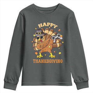 Funny Thanksgiving Youth Sweatshirt Dabbing Gamer Turkey TS10 Dark Heather Print Your Wear