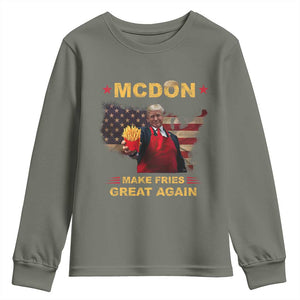 Funny Trump 2024 Youth Sweatshirt President Trump Makes Fries Great Again American Flag TS10 Military Green Print Your Wear