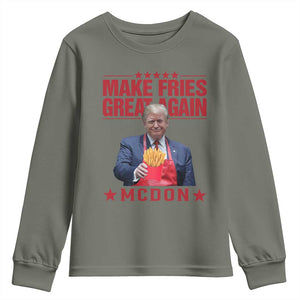 Funny Trump 2024 Youth Sweatshirt McDon Trump Makes Fries Great Again TS10 Military Green Print Your Wear