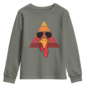 Funny Thanksgiving Youth Sweatshirt Cool Turkey Face With Sunglasses Face Vintage Retro TS10 Military Green Print Your Wear