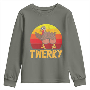 Funny Thanksgiving Youth Sweatshirt Vintage Twerky Turkey Butt Twerk Dance Pun Gift TS10 Military Green Print Your Wear