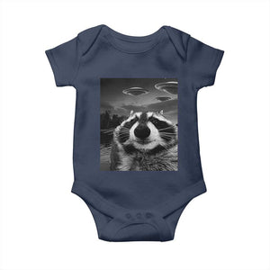 Funny Graphic Racoon Selfie with UFOs Weird Baby Onesie TS10 Navy Print Your Wear
