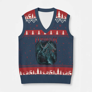 Feminism Dragon V-Neck Knit Sweater Vest Retro Vintage Gothic Fantasy Castle Feminist Empowerment TS10 Navy Red Print Your Wear
