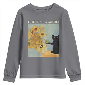 Chinga la Migra Youth Sweatshirt Subtle FDT Black Cat Meme Van Gogh Art TS10 Charcoal Print Your Wear