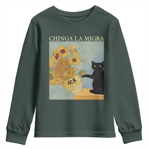Chinga la Migra Youth Sweatshirt Subtle FDT Black Cat Meme Van Gogh Art TS10 Dark Forest Green Print Your Wear