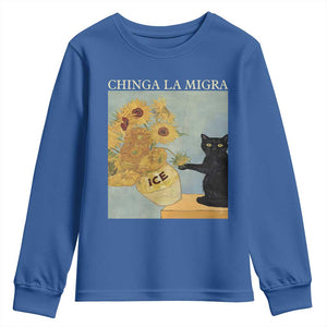 Chinga la Migra Youth Sweatshirt Subtle FDT Black Cat Meme Van Gogh Art TS10 Royal Blue Print Your Wear