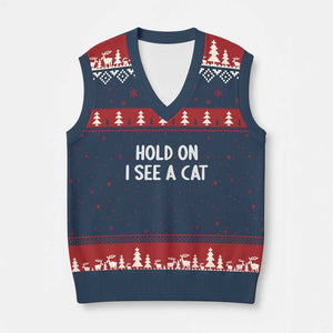 Hold On I See A Cat V-Neck Knit Sweater Vest Funny Pet Parent Humor Cat Person TS10 Navy Red Print Your Wear