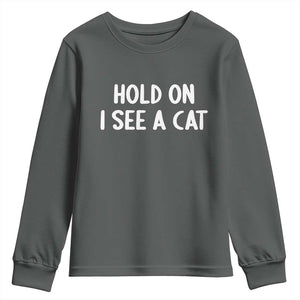 Hold On I See A Cat Youth Sweatshirt Funny Pet Parent Humor Cat Person TS10 Dark Heather Print Your Wear