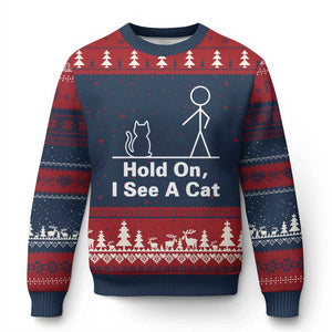 Hold On I See A Cat Ugly Christmas Sweater Funny Cat Person Stick Figure Graphic TS10 Navy Red Print Your Wear