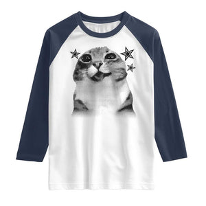 Funny Y2k Cat Meme Raglan Shirt Vintage Retro Silly Cats Cats lover Gift TS10 White Navy Print Your Wear