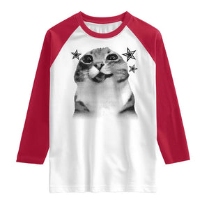 Funny Y2k Cat Meme Raglan Shirt Vintage Retro Silly Cats Cats lover Gift TS10 White Red Print Your Wear