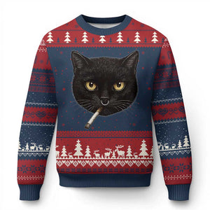 Smoking Cat Y2K Ugly Christmas Sweater Vintage Black Cat Edgy Retro 90s Grunge TS10 Navy Red Print Your Wear