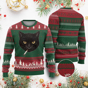 Smoking Cat Y2K Ugly Christmas Sweater Vintage Black Cat Edgy Retro 90s Grunge TS10 Red Green Print Your Wear