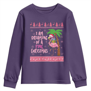 I Am Dreaming Of A Pink Christmas Youth Sweatshirt Family Trip Santa Flamingo Palm Tree Ugly Xmas TS10 Purple Print Your Wear