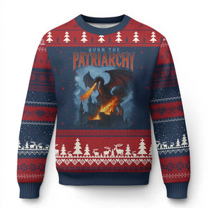 Vintage 90s Feminism Dragon Ugly Christmas Sweater Burn the Patriarchy TS10 Navy Red Print Your Wear