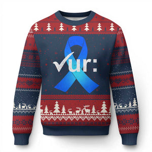 Colon Cancer Awareness Ugly Christmas Sweater Blue Ribbon Colonoscopy Colorectal TS10 Navy Red Print Your Wear