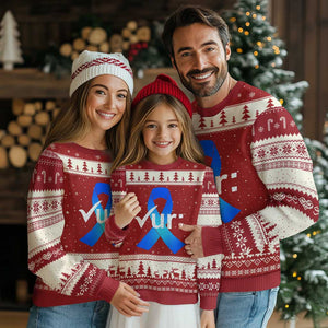 Colon Cancer Awareness Ugly Christmas Sweater Blue Ribbon Colonoscopy Colorectal TS10 Red Beige Print Your Wear
