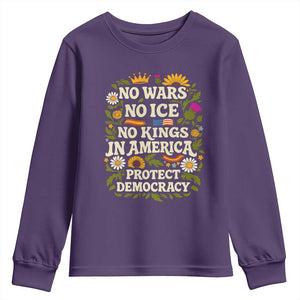 No Wars No ICE No Kings Youth Sweatshirt Floral Resist No Kings In America Protest TS10 Purple Print Your Wear