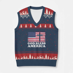 God Bless America V-Neck Knit Sweater Vest Cross USA Flag Patriotic 4th of July Christian TS10 Navy Red Print Your Wear