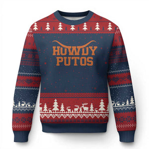 Howdy Putos Ugly Christmas Sweater Funny Western Cowboy Spanish Slang TS10 Navy Red Print Your Wear