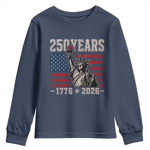USA Independence 250th Anniversary Youth Sweatshirt Patriotic Lady Liberty American Flag 250 Years 1776 2026 TS10 Navy Print Your Wear