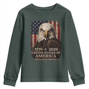 250 Anniversary USA Flag Youth Sweatshirt Vintage Bald Eagle Patriotic 1776 2026 250 Years Birthday TS10 Dark Forest Green Print Your Wear