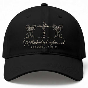 Motherhood Is Kingdom Work Baseball Cap Cute Christian Mom Mothers Day Coquette Bow Cross TS10 Print Your Wear