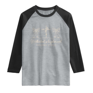 Motherhood Is Kingdom Work Raglan Shirt Cute Christian Mom Mothers Day Coquette Bow Cross TS10 Heather Gray Black Print Your Wear