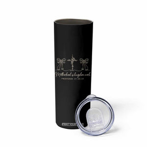 Motherhood Is Kingdom Work Skinny Tumbler Cute Christian Mom Mothers Day Coquette Bow Cross TS10 Print Your Wear