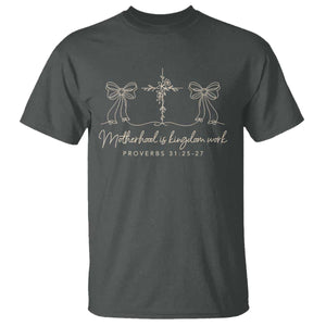 Motherhood Is Kingdom Work T Shirt Cute Christian Mom Mothers Day Coquette Bow Cross TS10 Dark Heather Print Your Wear