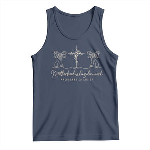 Motherhood Is Kingdom Work Tank Top Cute Christian Mom Mothers Day Coquette Bow Cross TS10 Navy Print Your Wear