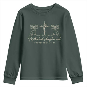 Motherhood Is Kingdom Work Youth Sweatshirt Cute Christian Mom Mothers Day Coquette Bow Cross TS10 Dark Forest Green Print Your Wear