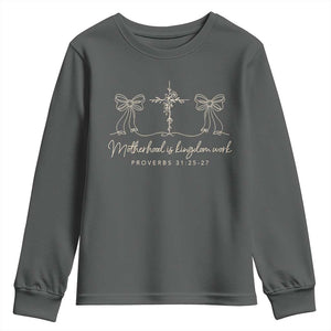 Motherhood Is Kingdom Work Youth Sweatshirt Cute Christian Mom Mothers Day Coquette Bow Cross TS10 Dark Heather Print Your Wear