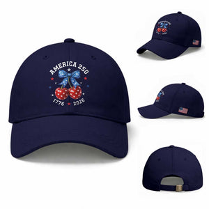 250 Anniversary USA Baseball Cap Cherry Coquette Bow 4th Of July 1776 2026 250th Birthday TS10 Baseball Cap Universal Fit Dark Blue Print Your Wear