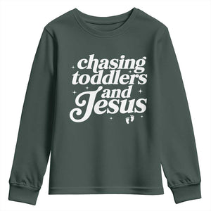 Christian Mom Youth Sweatshirt Chasing Jesus And Toddlers TS10 Dark Forest Green Print Your Wear