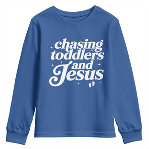 Christian Mom Youth Sweatshirt Chasing Jesus And Toddlers TS10 Royal Blue Print Your Wear