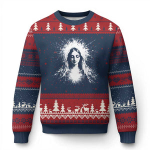 Catholic Virgin Mary Ugly Christmas Sweater Vintage Marian Face Christian Our Lady TS10 Navy Red Print Your Wear