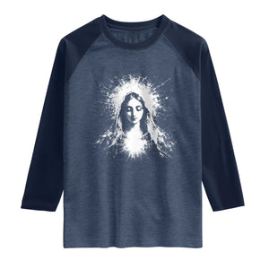Catholic Virgin Mary Raglan Shirt Vintage Marian Face Christian Our Lady TS10 Heather Denim Navy Print Your Wear