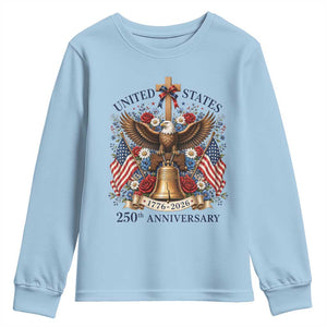 250 Anniversary USA Patriotic Eagle Youth Sweatshirt Flower 250th Birthday 4th Of July 2026 TS10 Light Blue Print Your Wear