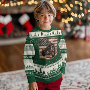 American Flag Motorcycle Ugly Christmas Sweater Vintage Retro Biker USA 4th of July TS10 Forest Green Beige Print Your Wear