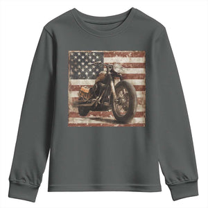 American Flag Motorcycle Youth Sweatshirt Vintage Retro Biker USA 4th of July TS10 Dark Heather Print Your Wear
