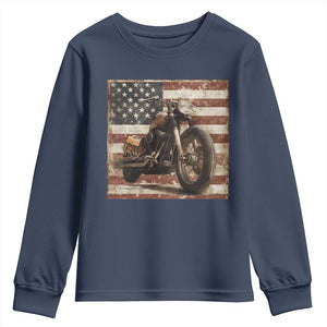 American Flag Motorcycle Youth Sweatshirt Vintage Retro Biker USA 4th of July TS10 Navy Print Your Wear