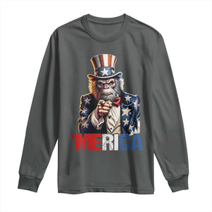 Bigfoot Merica Long Sleeve Shirt American Flag Patriotic 4th Of July Uncle Sam TS10 Dark Heather Print Your Wear