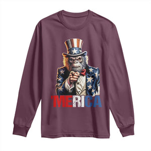 Bigfoot Merica Long Sleeve Shirt American Flag Patriotic 4th Of July Uncle Sam TS10 Maroon Print Your Wear