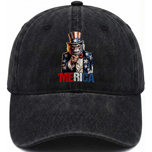 Bigfoot Merica Washed Cotton Baseball Cap American Flag Patriotic 4th Of July Uncle Sam TS10 Washed Cap Universal Fit Black Print Your Wear