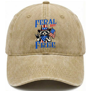 Patriotic Raccoon 4th of July Washed Cotton Baseball Cap Feral But Free USA Flag TS10 Washed Cap Universal Fit Khaki Print Your Wear