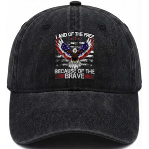 Land of the Free Because of the Brave Washed Cotton Baseball Cap American Flag Patriotic Eagle 4th of July TS10 Washed Cap Universal Fit Black Print Your Wear